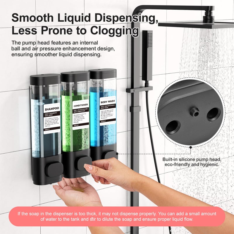 Aeakey 3-Chamber Wall Mounted Shampoo and Conditioner Dispenser,300ML Each Shower Soap Dispenser,Easy Refill,No Drip,Ideal for Shampoo,Conditioner,Body Wash for Bathroom Kitchen Hotel Black - Image 3